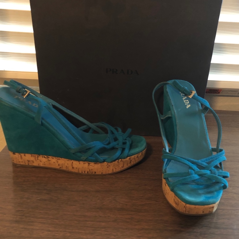 Prada Turquoise Blue Suede Cork Wedges